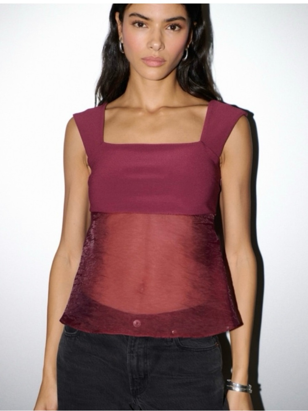 NWT ABERCROMBIE & FITCH Sheer Babydoll Cami Top Tank Burgundy Red Square Neck L